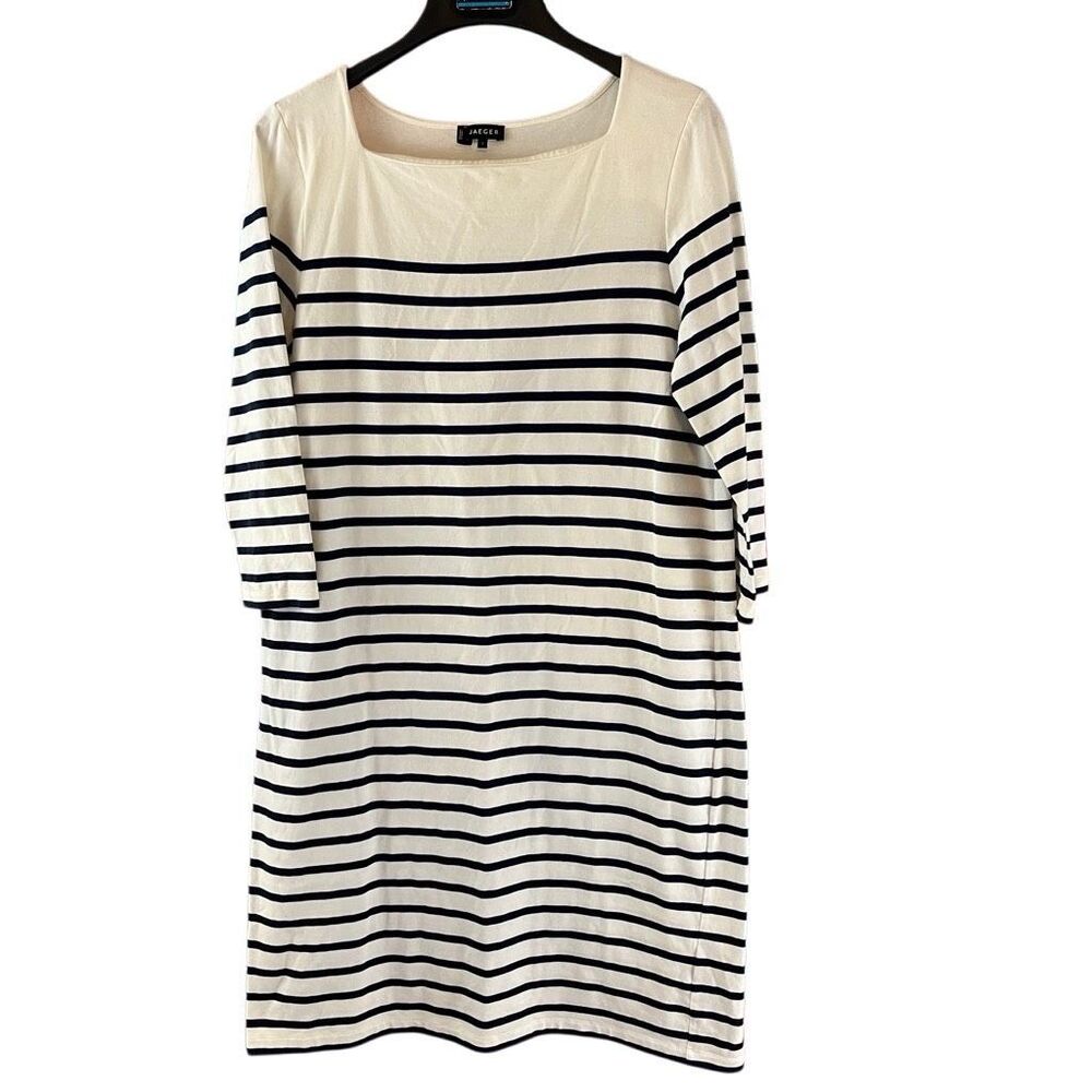 Jaeger Navy Blue White Nautical 3/4 Sleeve Dress Size Large